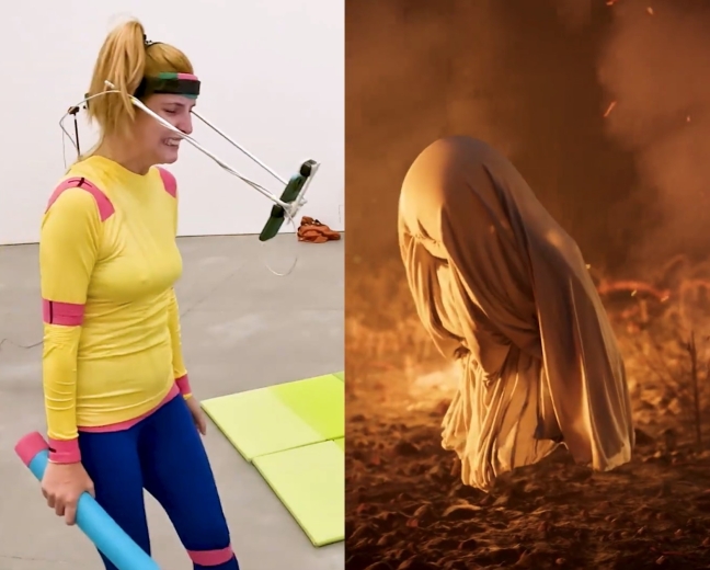 Composite of behind-the-scenes images from Bardo Loops, by Gabriel Abrantes: on the left, a person wearing a head-mounted device pulls an object with strings near the face, while holding a blue tube in a studio with floor mats; on the right, the final image shows a figure draped in a light cloth in a warm-toned setting with flames in the background.